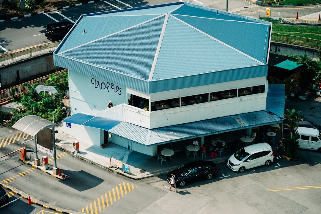 Hawker centre exterior with market stalls and sheltered seating